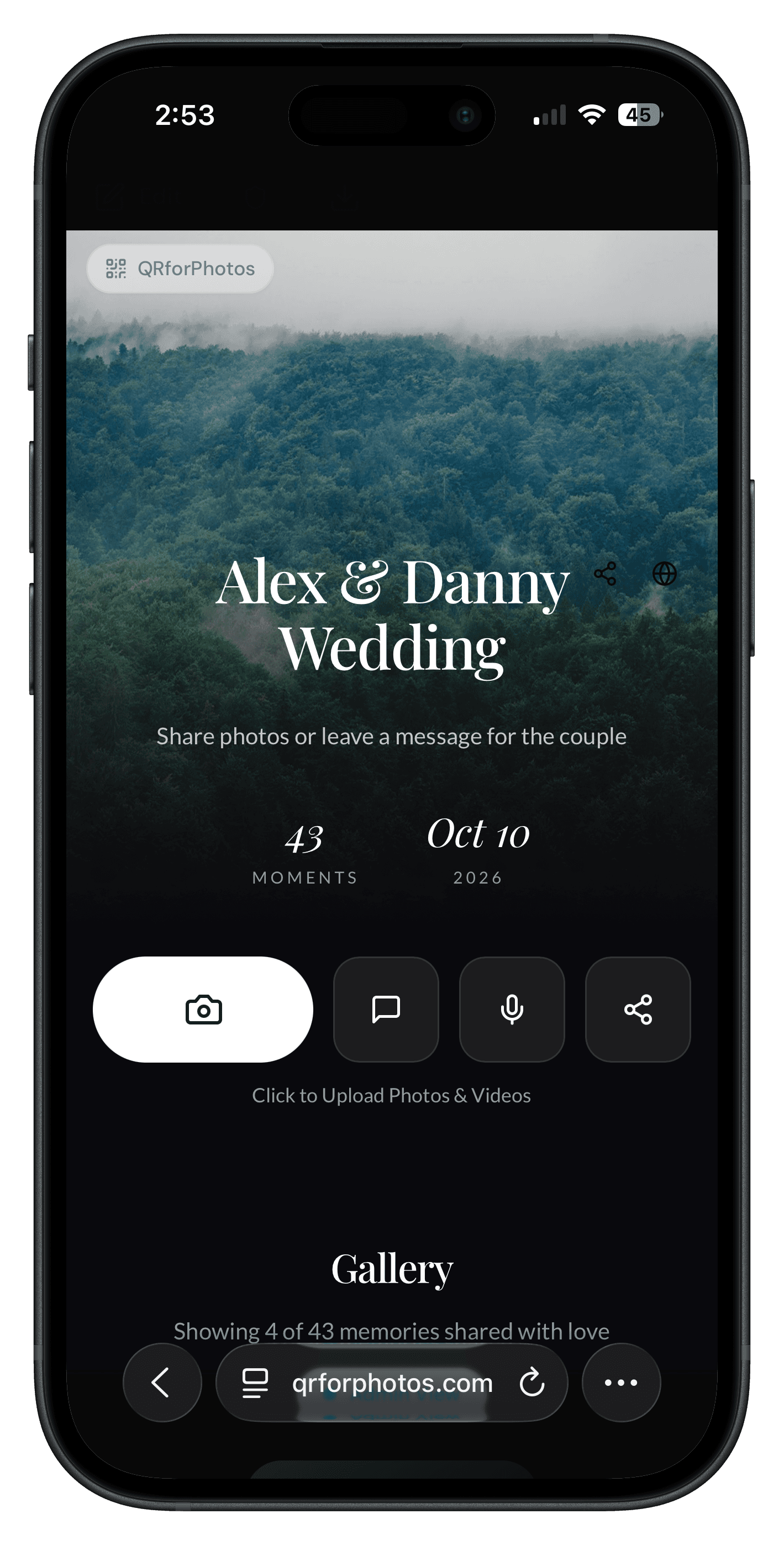 Guests scan a QR code to open the event page and start sharing photos