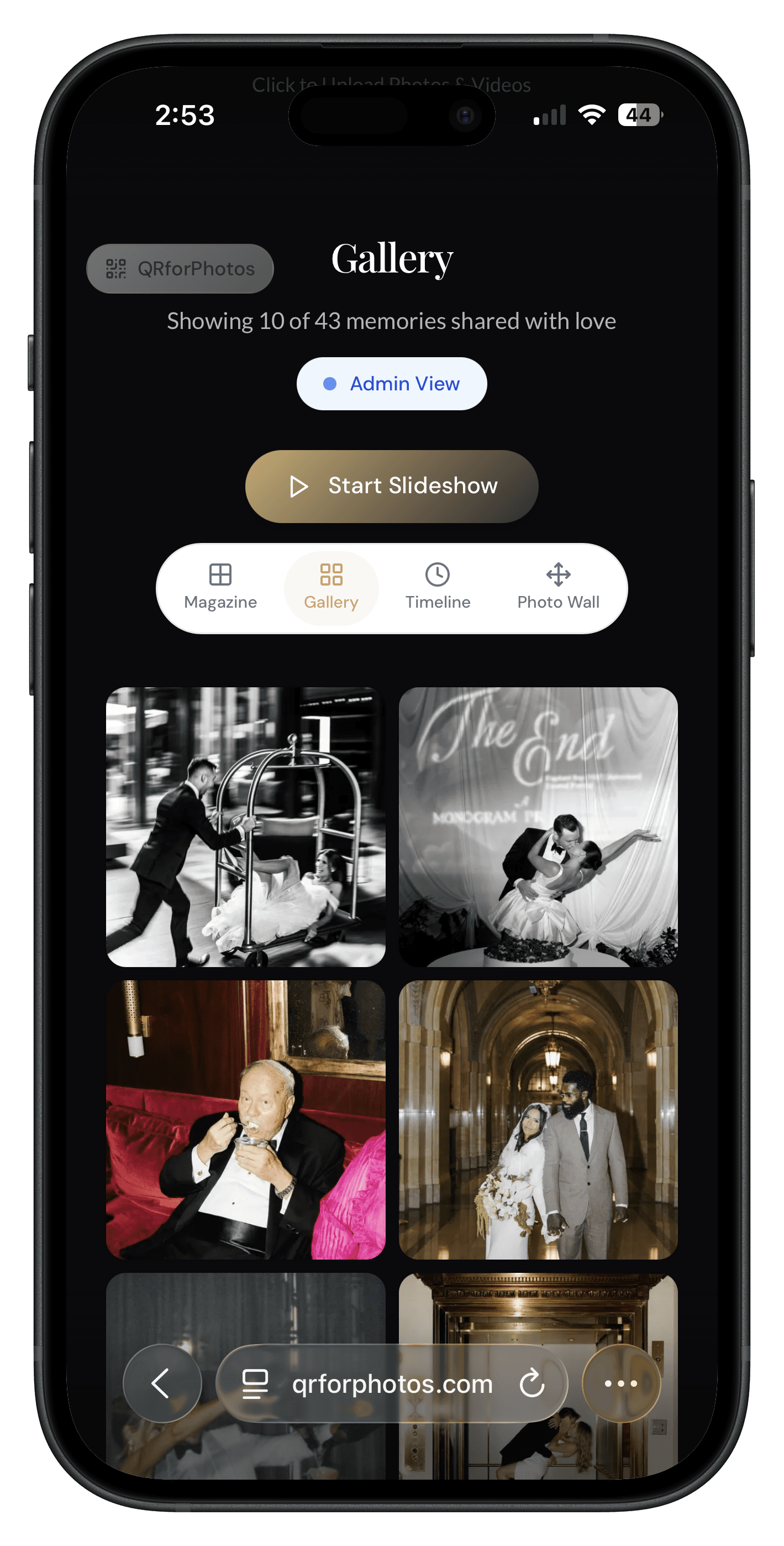 The shared photo gallery, with every guest's photos in one place